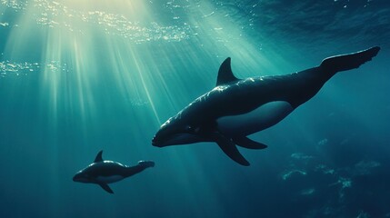 Obraz premium Graceful Orcas Swimming in Sunlit Ocean Depths
