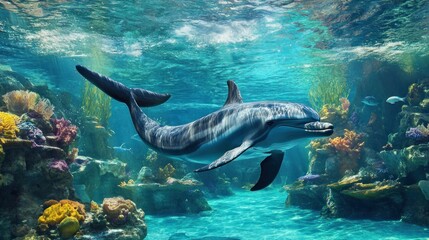 Fototapeta premium Dolphin Swimming Gracefully Underwater Among Colorful Coral Reefs
