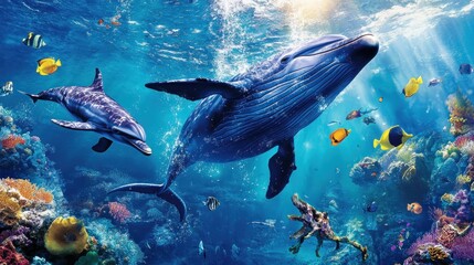 Fototapeta premium Majestic Humpback Whale Swimming Among Colorful Ocean Life