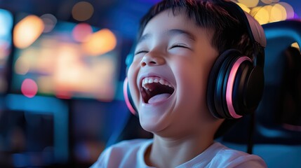 Joyful asian child gaming with headphones in vibrant setting