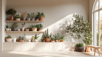 A modern patio with a collection of sleek potted plants and a relaxing space for gardening.