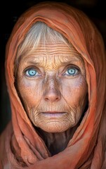 This portrait showcases an elderly woman with vibrant blue eyes. Her face is marked with deep lines, reflecting a life of experiences, and she wears an orange scarf that contrasts with her complexion