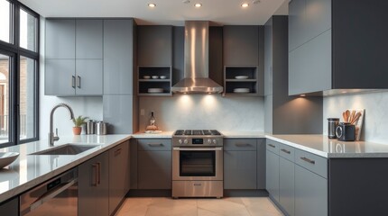 Fototapeta premium Modern Gray Kitchen: Sleek Stainless Steel Appliances and Minimalist Design