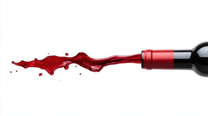 Dynamic splash of red wine pouring from a bottle on a white background in a clean, minimal style.