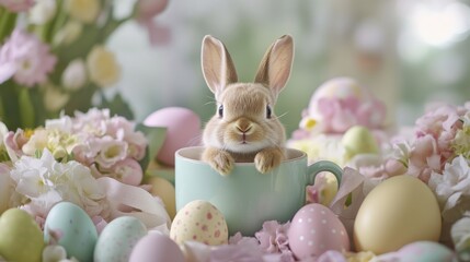 Cute bunny in cup surrounded by easter eggs and spring flowers