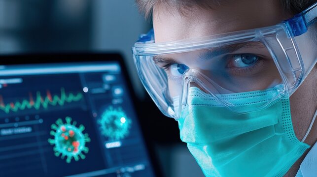 Close-up of a scientist wearing protective gear, examining virus data on a monitor in a laboratory setting.