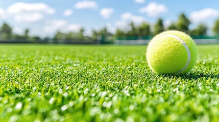 Tennis ball on green court, sunny day, trees background; sports imagery