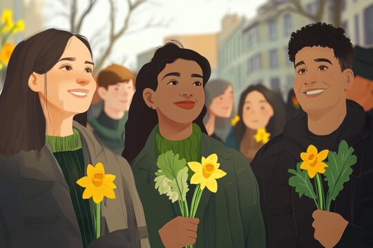 smiling young people with daffodil flowers in lively street. st david's day celebration. welsh culture. holiday gathering. festive event illustrated poster, illustration
