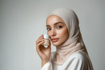 A close-up of a hijab wearing model holding the cream jar in her hand with no label subtly visible, isolated white background