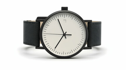 Minimalist black leather watch on white background