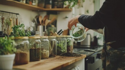 Fototapeta premium Fresh Herbs and Spices Preparation in a Cozy Kitchen Setting
