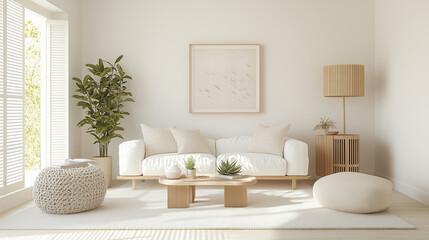 Fototapeta premium A contemporary living room featuring a variety of air-purifying plants like aloe vera, Boston fern, and bamboo palm in chic pots. The plants help to improve air quality while adding a serene, nature-f