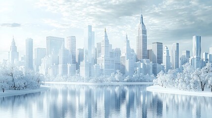 Fototapeta premium Snowy cityscape reflected in a frozen lake.