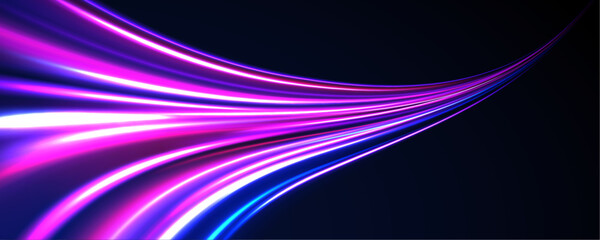 Horizontal speed lines connection vector background. Futuristic dynamic motion technology blue glowing lines air flow effect.  Racing cars dynamic flash effects city road with long exposure. 