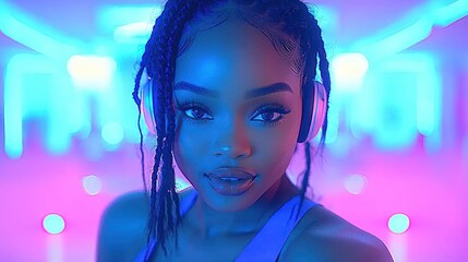 Fototapeta premium Neon Nights: A Portrait of a Young Woman in Vibrant Light