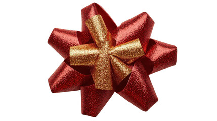 Bright red and gold decorative bow atop a gift package for a festive celebration or special occasion
