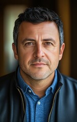 Obraz premium A man with short black hair and a slight stubble gazes directly at the viewer. He wears a blue shirt under a black leather jacket, illuminated by soft indoor light