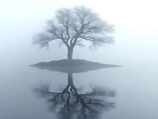 Lone tree reflected in foggy water.