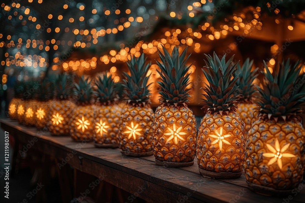 Poster fresh pineapples arranged on a rustic wooden table