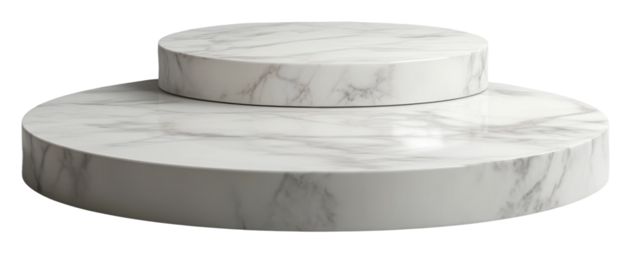 White marble display stand with two circular tiers for showcasing products isolated on transparent background