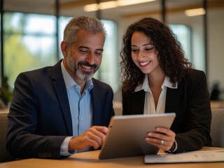 Fototapeta premium Team of diverse partners mature Latin business man and European business woman discussing project on tablet sitting at table in office.