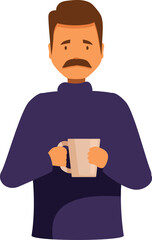 Sad man holding a mug and feeling cold in winter, warming up with hot drink