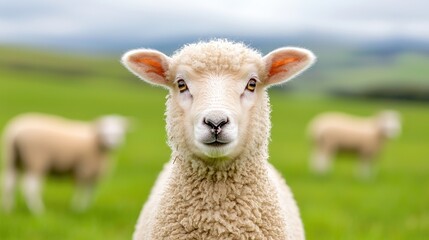 Fototapeta premium Lamb stares in green pasture, hills background, farm animal