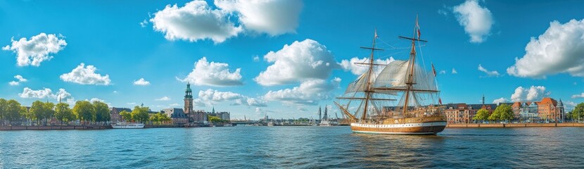 Fototapeta premium Majestic Historic Ship Sailing in Tranquil Waters Under Bright Blue Skies with Fluffy White Clouds and Scenic Cityscape in the Background
