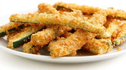A plate of crispy zucchini fries with golden-brown breaded zucchini sticks, Each fry’s crunchy exterior and tender interior captured with precision