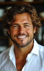 Obraz premium A man with wavy brown hair and a beard smiles happily in a cozy indoor setting. He wears a white shirt, radiating warmth and positivity, amid soft lighting