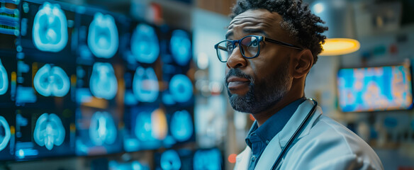 Thoughtful male doctor analyzing patient scans in modern facility