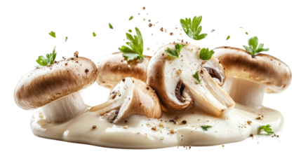 Creamy mushroom dish prepared for a gourmet meal in a kitchen setting isolated on transparent background