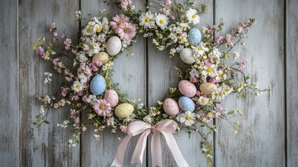 Pastel easter egg wreath with floral arrangement on wooden background
