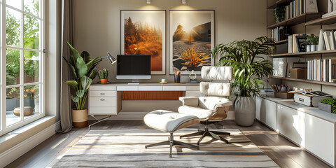 Fototapeta premium Modern home office with plants and cozy furniture design