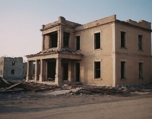 Obraz premium Abandoned, dilapidated buildings under a bright blue sky