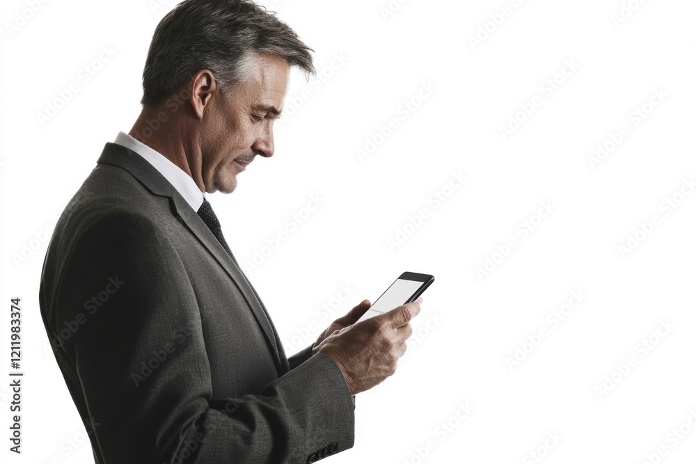 Poster a professional-looking man checks his phone in a modern setting