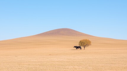 Obraz premium Lone horse, autumn steppe, vast landscape, serene background; travel poster