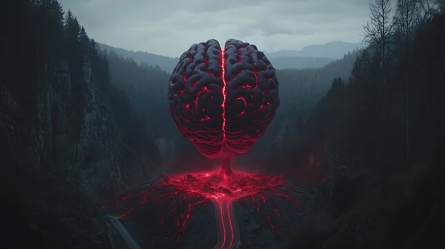 Glowing brain tree in dark forest valley; surreal landscape for fantasy, sci-fi, or psychology