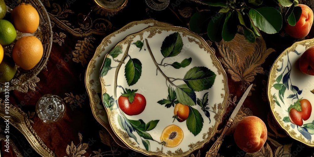 Poster a colorful arrangement of fresh fruits on a table with plates and bowls