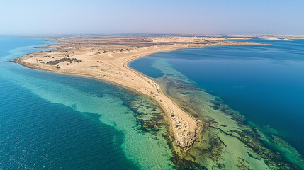 Aerial view of a desert peninsula jutting into a turquoise sea.