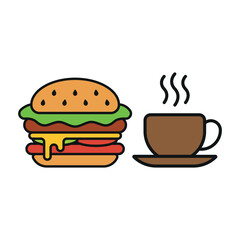 Coffee glass drink and hamburger food icon with a crisp and elegant outline characterized by thin strokes and simplicity, offering versatile usage for web, app, or print media embracing minimalist tre