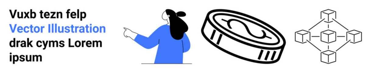 Businesswoman pointing at cryptocurrency coin near blockchain network diagram. Ideal for fintech, cryptocurrency, blockchain technology, investment strategies, financial advice, tech presentations