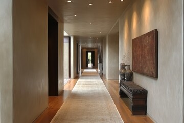 Elegant Hallway Featuring Recessed Lighting and Art Piece in Neutral Tones with Smooth Plaster Finish and Minimalist Design Elements