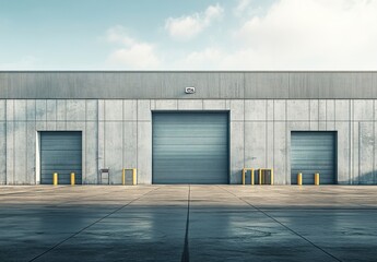 Modern Industrial Warehouse Exterior with Gray Concrete Walls and Rolling Doors Under Clear Blue Sky with Soft Clouds at Daytime