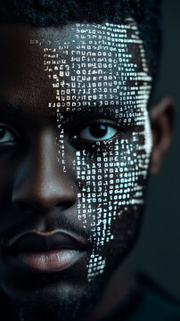 African young male with digital data face overlay in futuristic concept