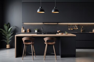 dining space with design kitchen island, modern furnitures, kitchen stuff, elegant