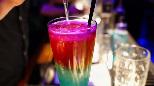 Bartender Creates Colorful Layered Cocktail at Busy Urban Bar During Late Night