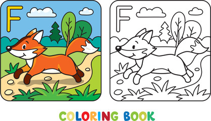 Funny red fox. Children vector illustration. Animals ABC coloring book for kids with example. Alphabet F