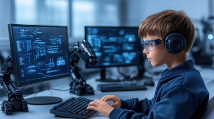 young child with glasses is focused on coding at a desk in a tech lab. Two computers display complex data and programming interfaces, highlighting a robotics project
