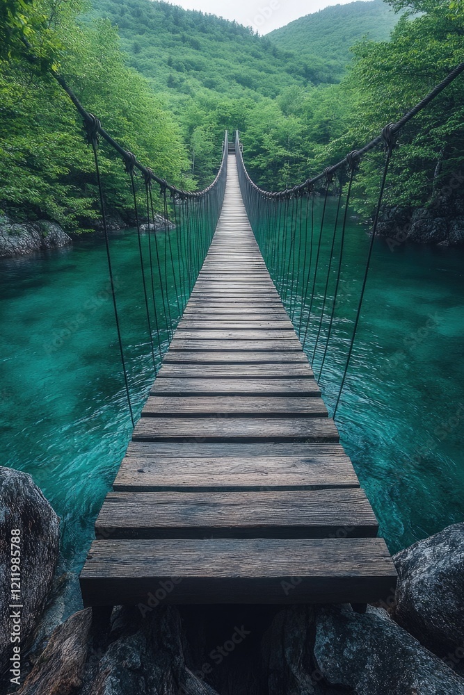 Poster a suspension bridge spanning a river in a dense forest setting, suitable for use in illustrations ab